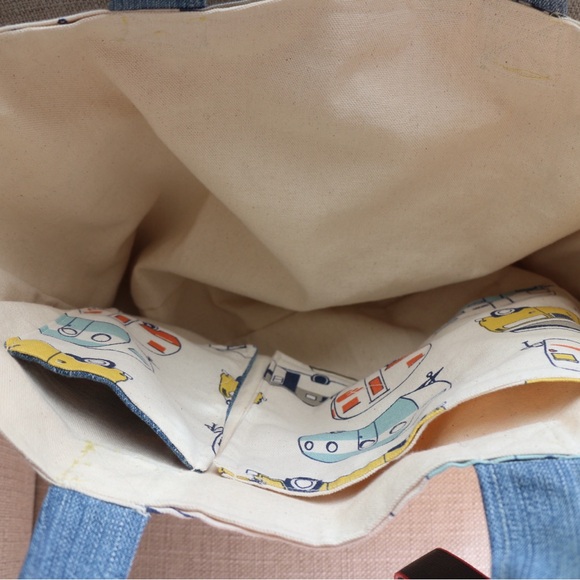 Handmade Canvas Tote Bag with Camper Print and Denim Pocket - Picture 5 of 7